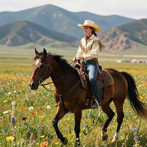 Photograph of a woman in a white shirt and cowboy hat, riding a brown horse through a colorful, flower-filled meadow with mountains in the background