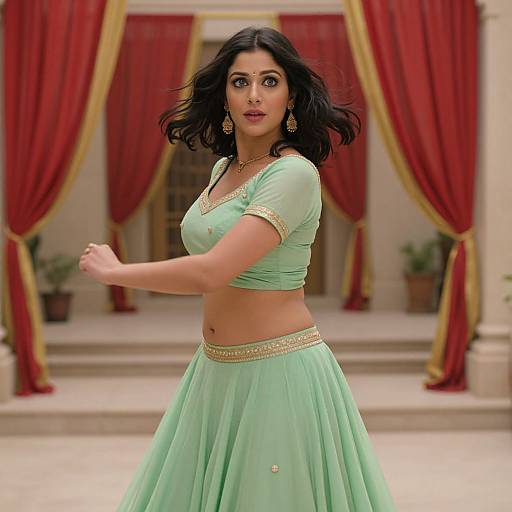 Photograph of a beautiful South Asian woman with medium skin tone, black hair, wearing a mint green traditional lehenga with gold trim, standing in front