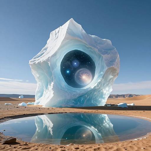 Photograph of a glowing, crystalline ice formation with a circular, starry blue cavity, reflected in a shallow pool, set against a clear blue