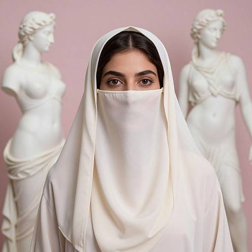 Photograph of a woman with dark eyes, partially hidden by a white veil, standing between two classical white marble statues against a pink background.
