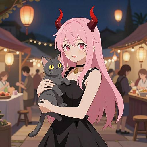 Whimsical Anime Character in Midnight Marketplace