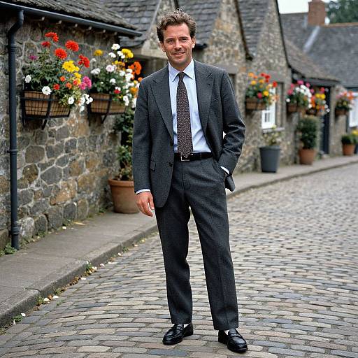 Confident Man in Tailored Suit on Cobblestone