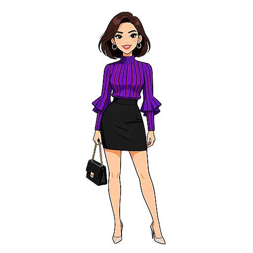 Digital illustration of a stylish woman with short brown hair, wearing a purple ribbed turtleneck, black skirt, white heels, and holding a black
