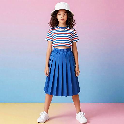 Teenage Girl in Striped Crop Top and Pleated Skirt