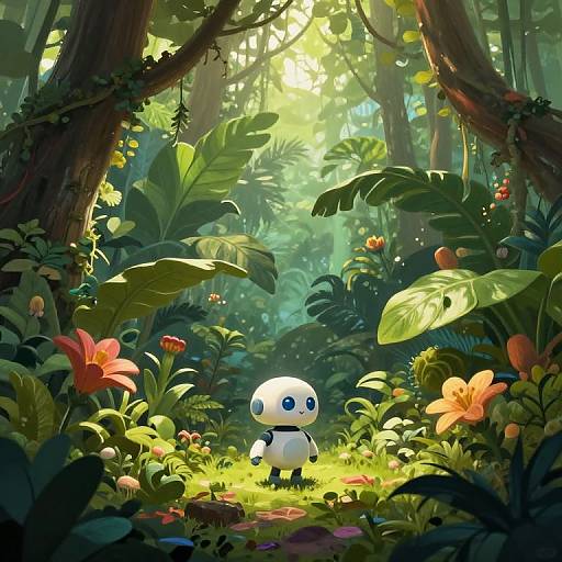 Digital artwork of a cute, white, round, blue-eyed creature standing in a vibrant, sunlit jungle with lush green foliage, colorful flowers, and