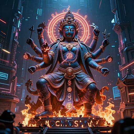 Digital artwork of a blue, multi-armed deity statue with glowing neon halo, adorned in detailed jewelry, sitting on a fiery pedestal in a futuristic,