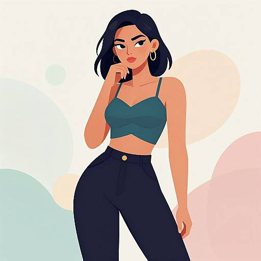 Digital illustration of a confident woman with black hair, wearing a teal crop top and high-waisted black pants, touching her chin. Background features past