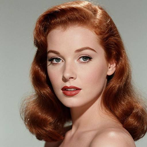Photograph of a fair-skinned, red-haired woman with vintage-style curled hair, blue eyes, and red lipstick, against a plain light gray background