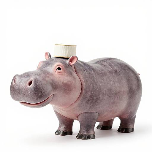 Photograph of a cartoon-style, gray hippo with a white chef's hat, standing on a white background, smiling and looking to the left.