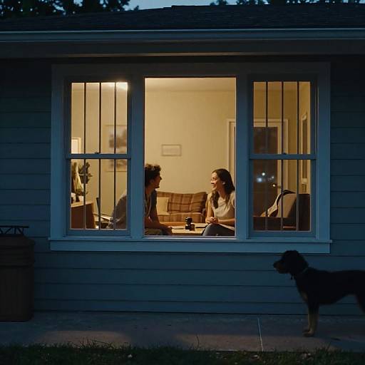 Photograph of a warmly lit house at dusk, showing a woman and man sitting inside, facing each other, with a dog standing outside on the porch