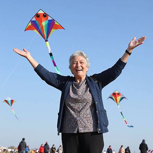 Photograph of a joyful elderly woman with short gray hair, wearing a dark blue cardigan and patterned shirt, flying colorful kites under a clear
