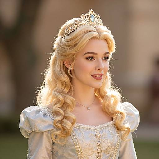 Photorealistic digital artwork of a blonde princess with wavy hair, wearing a gold tiara, white dress with puffed sleeves, and delicate jewelry