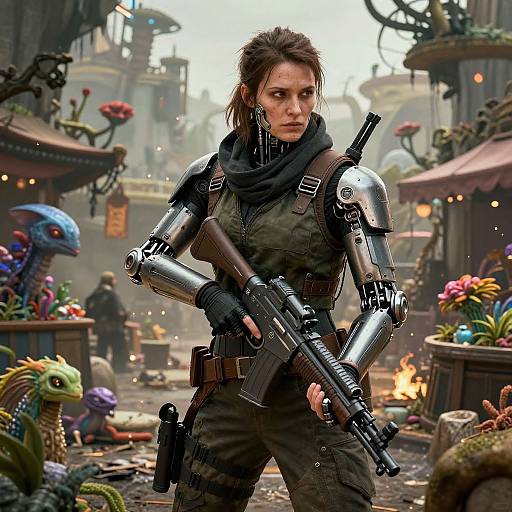 Digital artwork of a fierce, brown-haired woman in futuristic armor, holding a gun in a bustling, sci-fi marketplace with alien creatures and vibrant plants.
