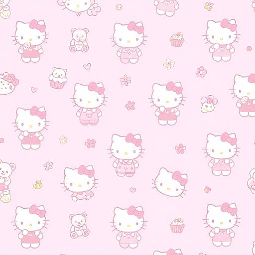 Seamless pattern of cute pink and white Hello Kitty characters with bows, holding flowers, on a white background. Digital illustration.