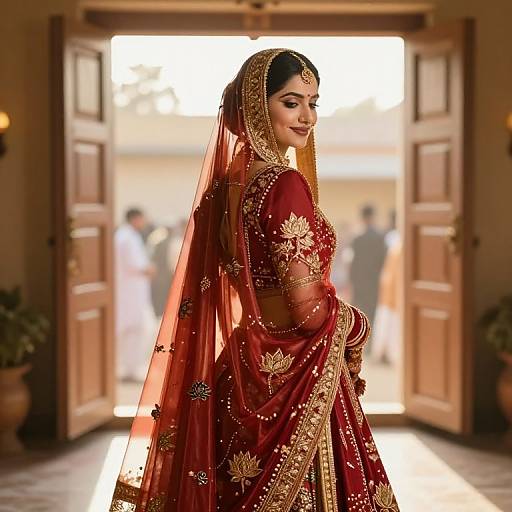 Photograph of a beautiful Indian bride in a red and gold embroidered saree with a sheer veil, standing in a sunlit doorway.
