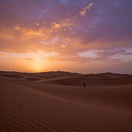 Photograph of a silhouetted person standing in vast, rippled sand dunes at sunset, with a vibrant orange and purple sky.