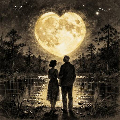 Silhouetted couple stands by a reflective pond under a glowing, heart-shaped full moon, surrounded by trees and stars. Digital art.
