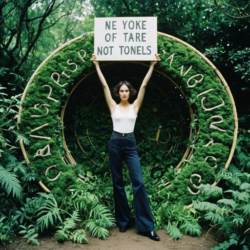 Environmental Activist with Handmade Sign in Greenery Installation