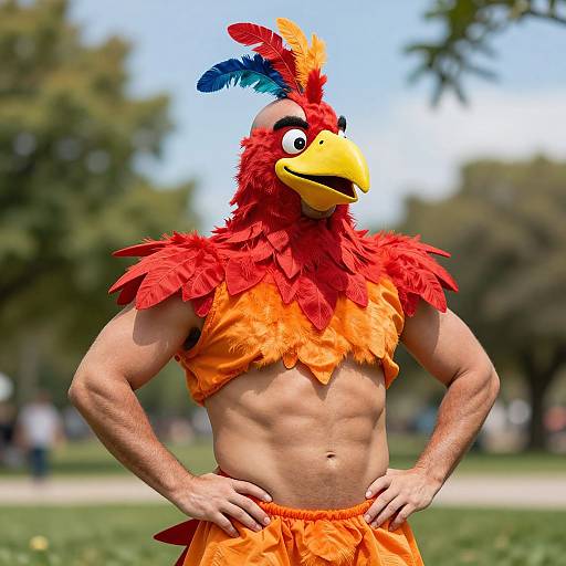 Photograph of a muscular man in a vibrant red and orange feathered bird costume, standing outdoors with hands on hips, against a blurry park background.