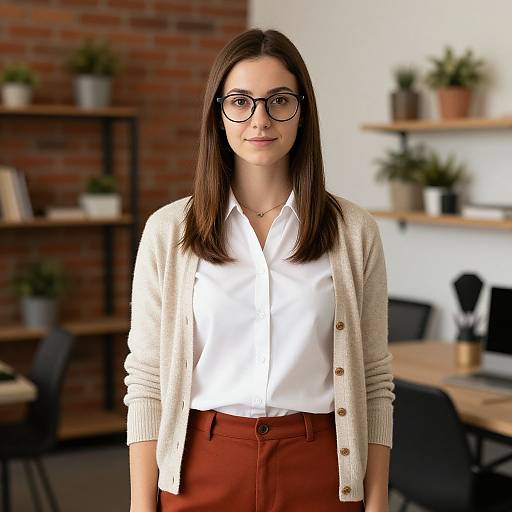 Photograph of a young woman with straight brown hair, wearing black glasses, white blouse, beige cardigan, and brown pants, standing in a modern