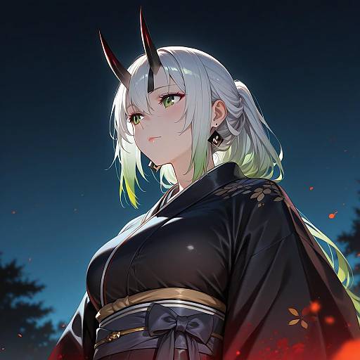 White and Green Horned Girl in Kimono
