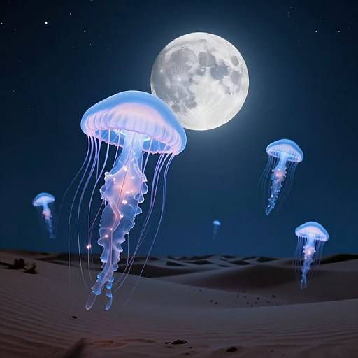 Photorealistic digital art: Glowing blue jellyfish float under a bright full moon in a dark, starry desert night sky.