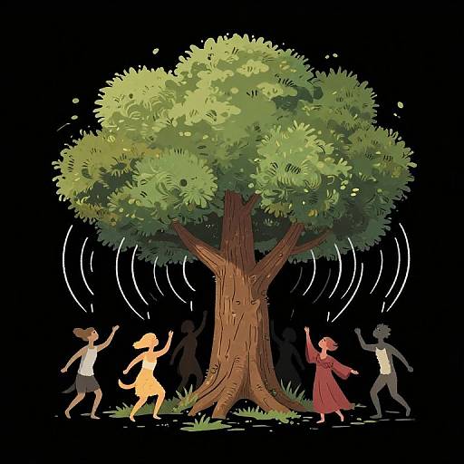 Digital illustration of four cartoon-like figures dancing around a large, leafy tree at night, with white motion lines indicating movement.