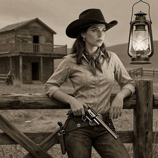 Sepia-toned photograph of a serious, long-haired woman in cowboy hat, shirt, and jeans, holding a gun, leaning on wooden fence,