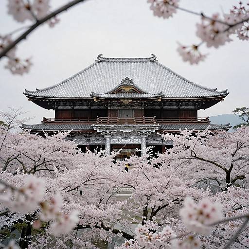Photograph of traditional Japanese castle with ornate roof, framed by blooming pink cherry blossoms in foreground, creating a serene, picturesque scene.