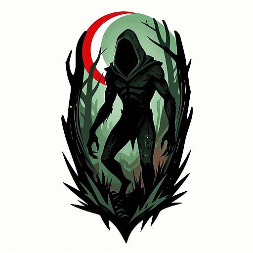 Digital illustration of a hooded, shadowy figure wielding a red scythe, surrounded by black, jagged tendrils against a green background.