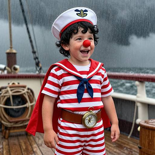 Photograph of a curly-haired toddler in a red-and-white striped sailor outfit, red nose, white hat, smiling on a rainy ship deck.