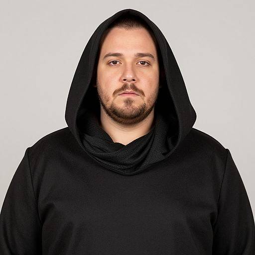 Photograph of a bearded man with a medium build, wearing a black hooded robe, against a plain white background.