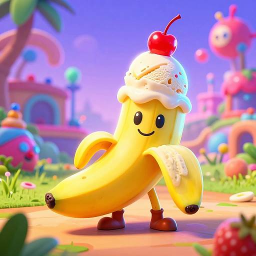 CGI cartoon of a smiling banana character with a cherry on top, standing in a colorful, whimsical garden with vibrant flowers and playful, pastel