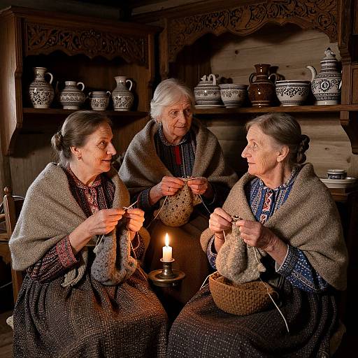 Photograph of three elderly women with gray hair, sitting in a wooden kitchen, knitting by candlelight, wearing patterned dresses and wool shawls