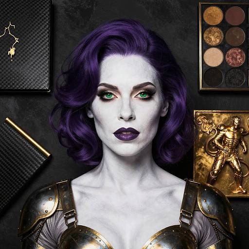 Digital portrait of a pale-skinned, green-eyed woman with purple hair, dark lipstick, and metallic armor, surrounded by art supplies and metallic textures.