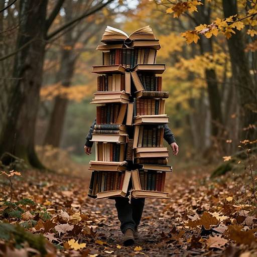 Person Covered in Stacked Books Walking in Autumn Forest