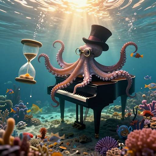Digital art: Underwater scene with a pink octopus wearing a top hat and glasses playing a grand piano, surrounded by colorful coral and fish, with