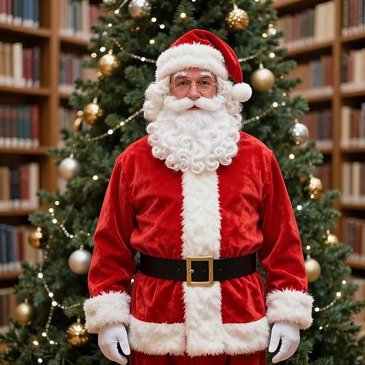 Photograph of a Santa Claus with a white beard and glasses, wearing a red velvet suit with white trim, in front of a decorated Christmas tree and