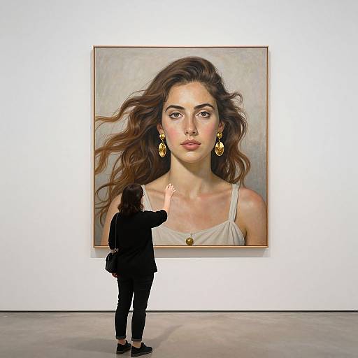 Photograph of a woman with long brown hair, wearing gold earrings, in a realistic painting; a person in black stands in front, gazing at