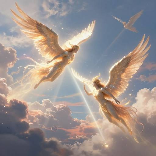 Digital artwork of two radiant, golden-winged angels with flowing hair, soaring in a bright, sunlit sky with fluffy clouds and a white dove.