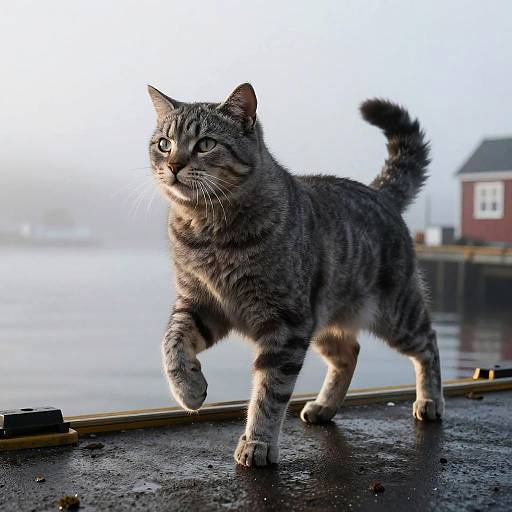 Photorealistic Newfoundland Dog in Foggy Harbor