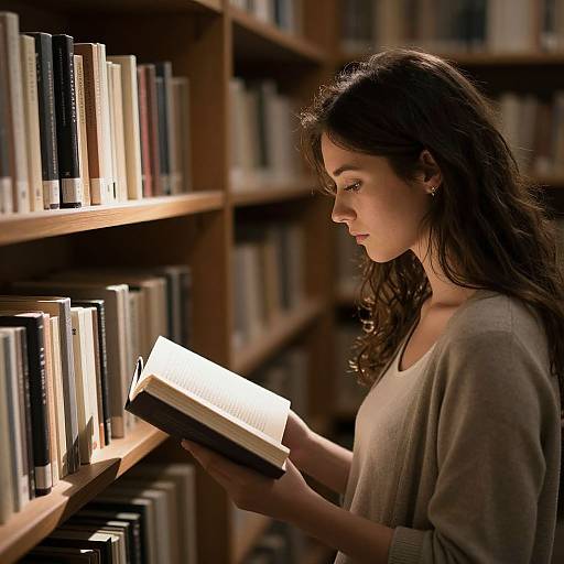 Photograph of a young woman with long brown hair, wearing a beige sweater, reading a book in a dimly lit library.