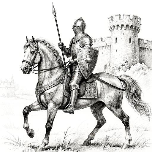 Black-and-white ink drawing of armored knight on galloping horse, holding spear, with medieval castle in background. Detailed textures and dynamic movement.