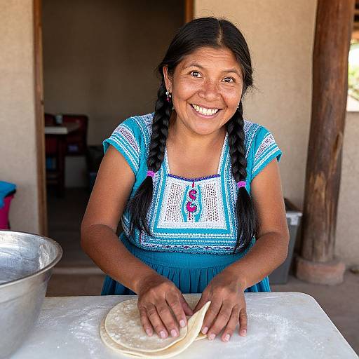 Photograph of a smiling Indigenous woman with dark hair in braids, wearing a blue embroidered dress, rolling dough on a white table.
