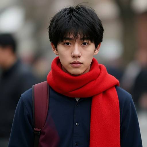 Photograph of an Asian male with black hair, wearing a red scarf, dark blue shirt, and brown backpack, standing in a blurred urban background.