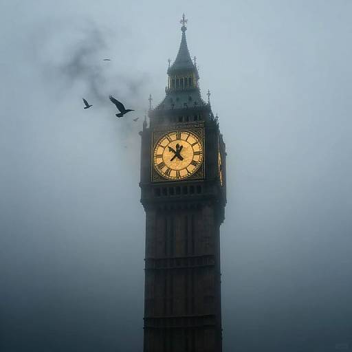 Photograph of London's Big Ben clock tower, partially shrouded in fog, with birds flying nearby and a glowing, illuminated clock face.