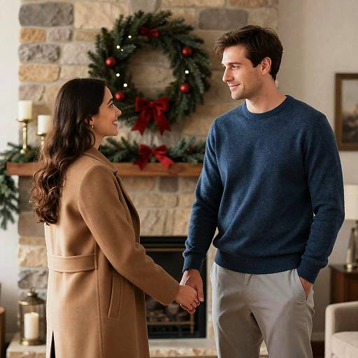 Photograph of a smiling couple holding hands in a cozy, stone-walled living room with a Christmas wreath and candles. She wears a tan coat