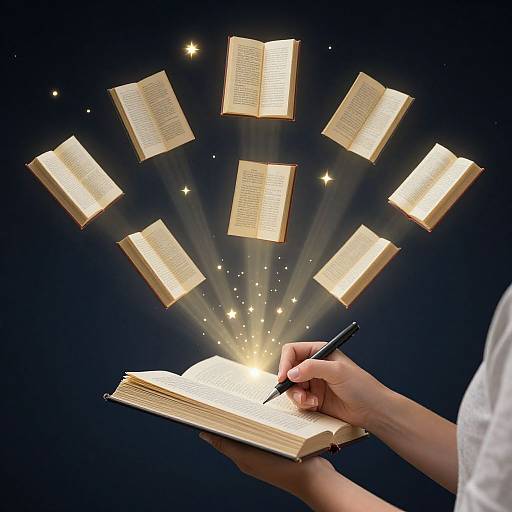 Photograph of hands writing in an open book, with glowing, floating books surrounding, against a dark blue background.