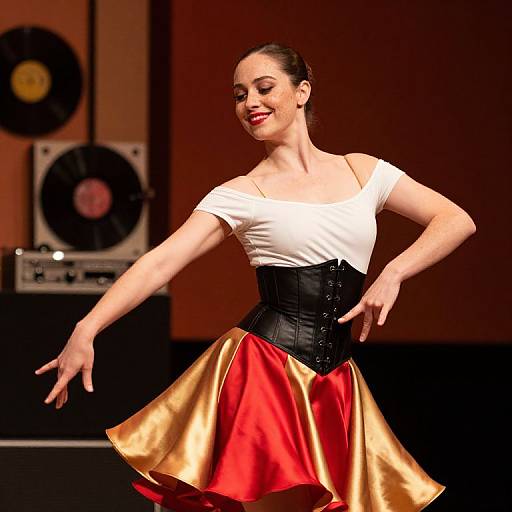 Photograph of a smiling, fair-skinned woman with dark hair in an off-shoulder white top, black corset, and red-gold