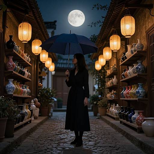 Photograph of a woman in a black coat holding an umbrella, standing in a moonlit, lantern-lit, cobblestone alleyway with shelves